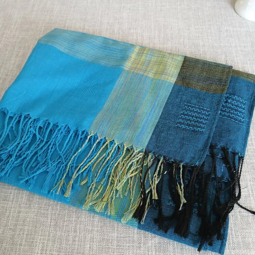 Woven Aqua, Blue Green and Black Long Scarf Shawl
